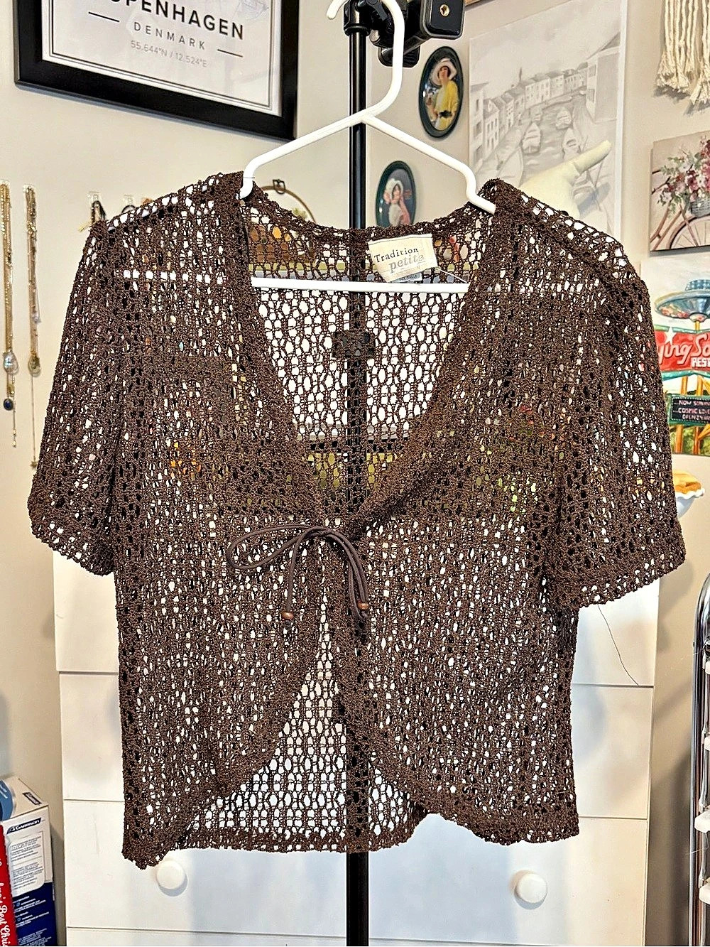 Tradition Petite Open-Knit Short Sleeve Top in Brown Like New